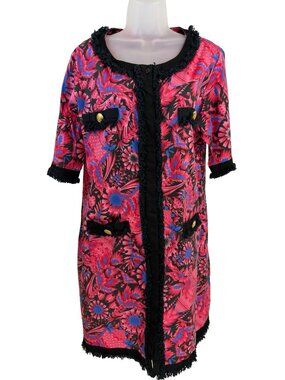 Almatichi Pink Blue Black Bold Floral Fringe Shift Dress Mid Sleeve Size 48
